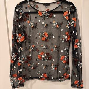 Express Black Embellished Long Sleeve Sheer Blouse